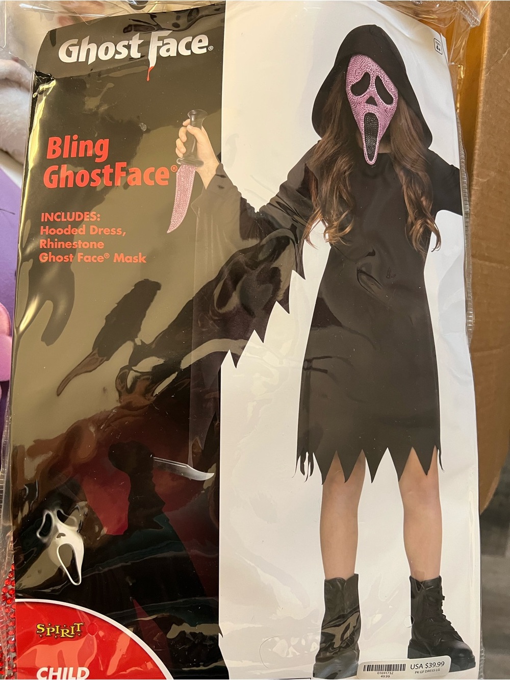Spirit Bling GhostFace Kids Costume - Black Dress with Pink Rhinestone Mask